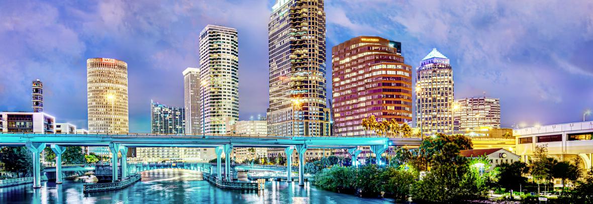 Tampa overview of buildings from the water at night