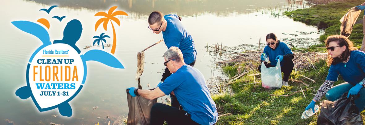 Florida Realtors Clean Up Florida Waters logo with people picking up debris near waterfront