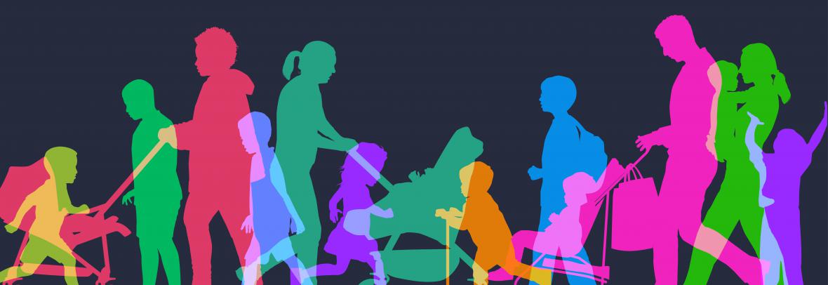 Colourful overlapping silhouettes of families and children