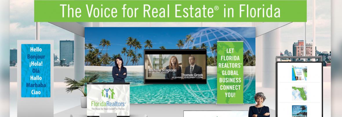 Woman by Florida Realtors logo stands in front of a convention booth