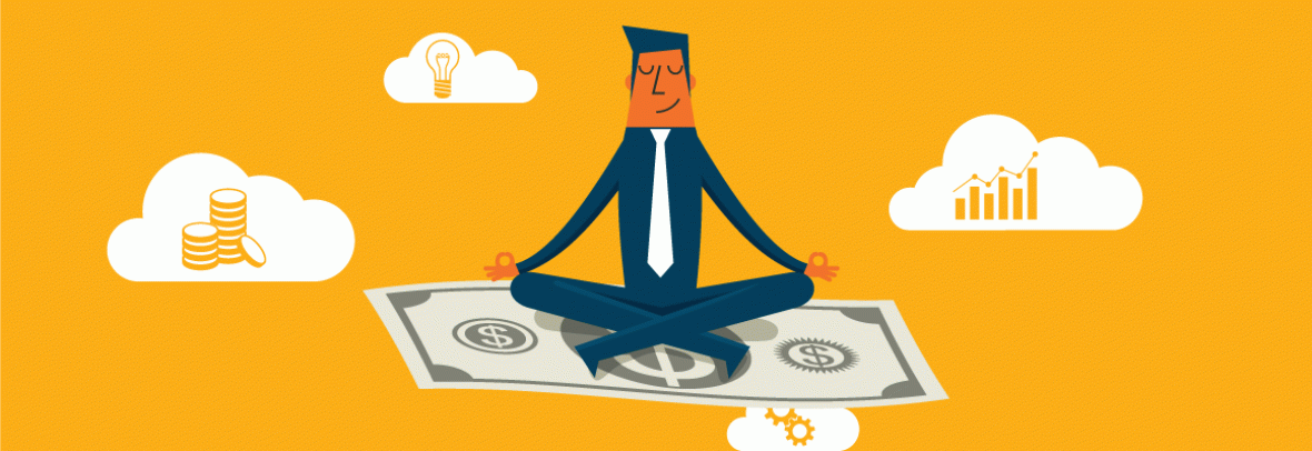Illustration of a man sitting on a floating dollar bill with orange background and clouds of money, charts and light bulbs around him