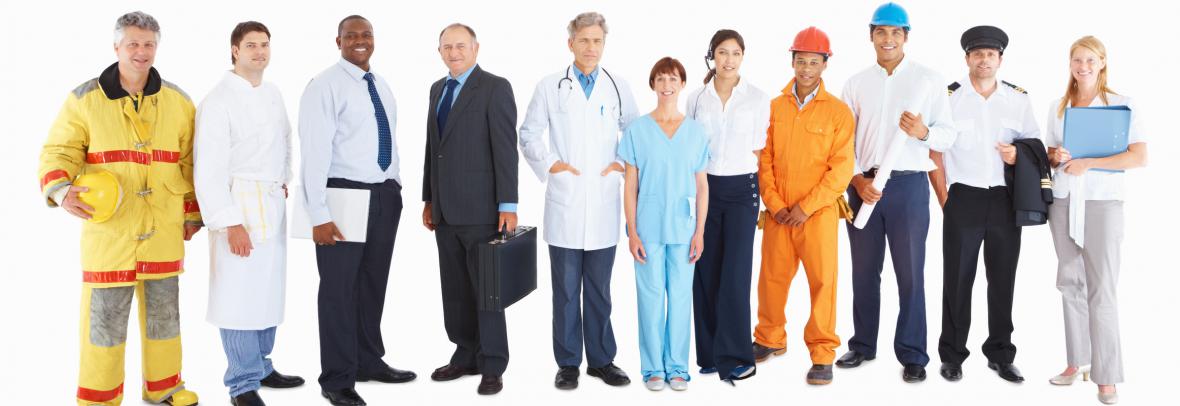 Group of 11 people representing different professions such as nurses, firefighters and more