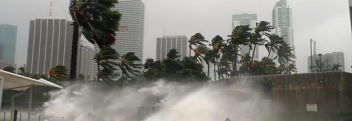 Hurricane Irma seen striking Miami, Florida with 100+ mph winds and destructive storm surge.