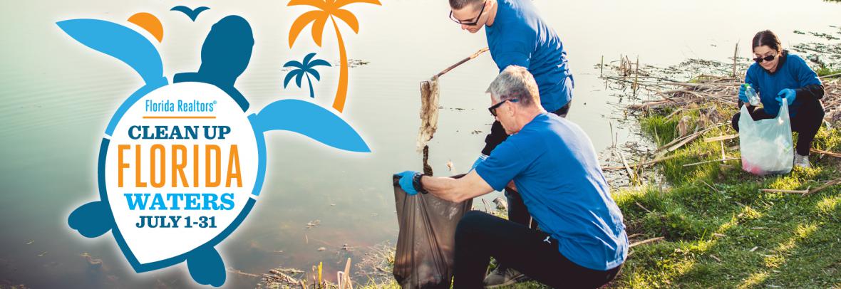 cleanup florida waters logo with people cleaning trash from waterway