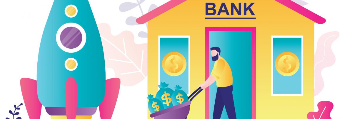 Graphic with a bank, rocket and man with wheelbarrow full of money