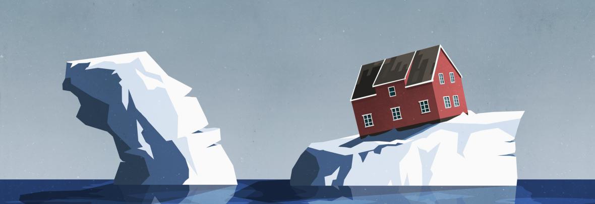 Graphic with a home precariously sitting on an iceberg