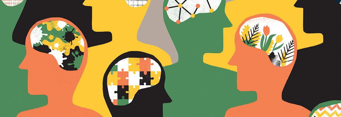 Illustration of people's heads with art inside the heads