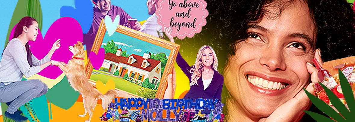 Photo collage of woman smiling, woman holding a sign, hands holding a painting of a house, woman giving a treat to a dog