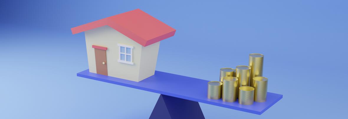 Digitally generated image of a house on a balance board with money on it in front of a blue background
