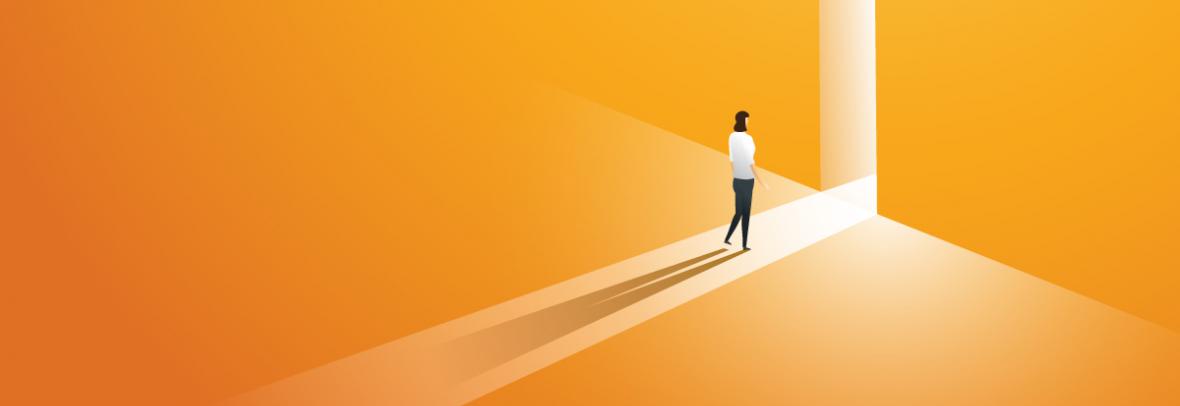 Illustration of a woman looking at an opening in an orange wall