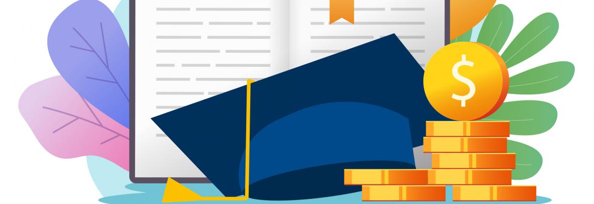 illustration of graduate cap, diploma and coins