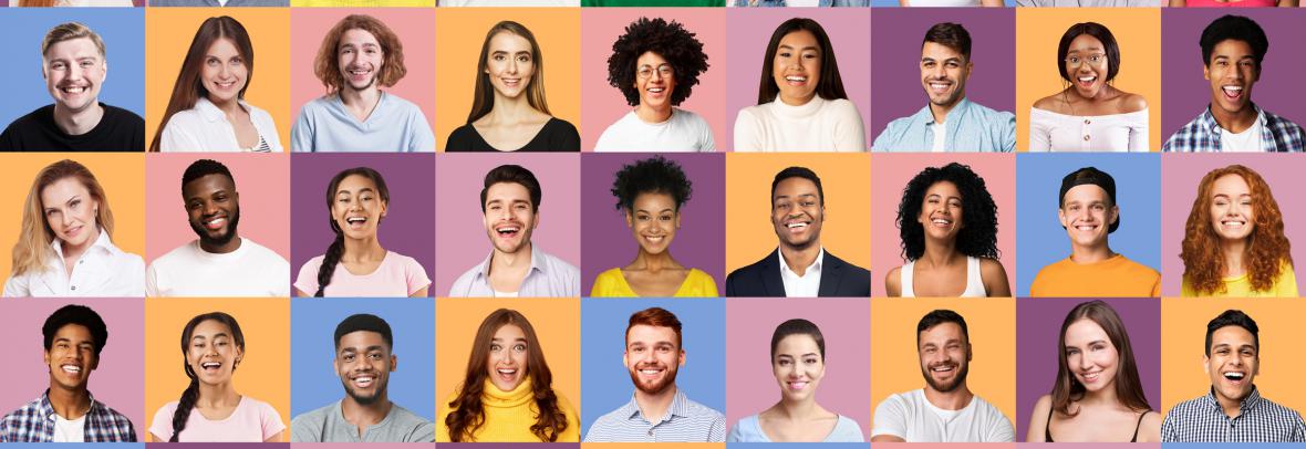 set of happy millennial people portraits on different colored backgrounds