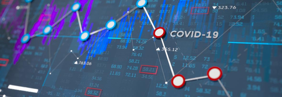 financial line digital chart shows down due to COVID-19 on blue background