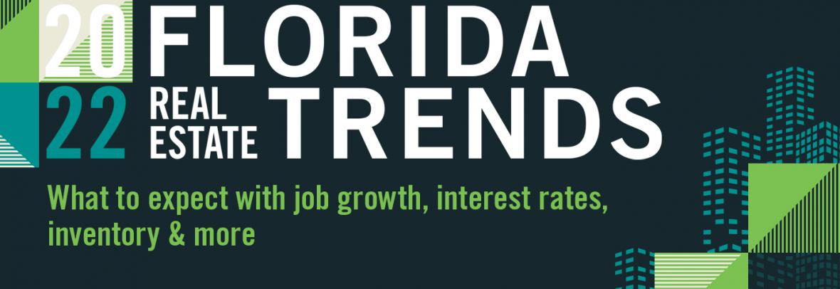image of 2022 Florida Real Estate Trends with black background, city buildings in black, blue green