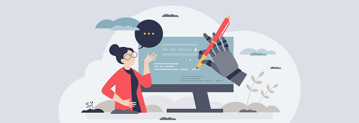 illustration of a person review content on a computer screen