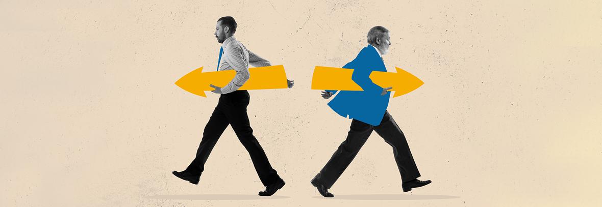illustration of two business men holding arrows and walking in different directions