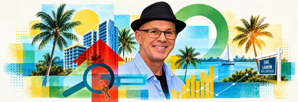 Collage of a florida city scap with Eric Larkin in the middle
