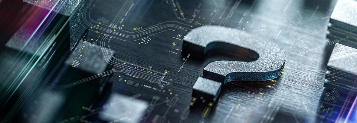 tech illustration of a question mark on a computer circuit board