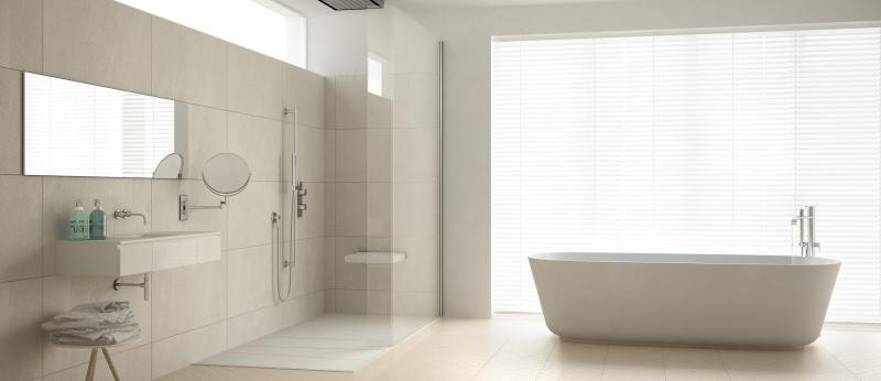 minimalist white bathroom with separate tub and shower