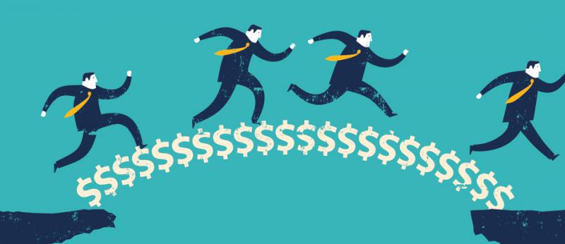 Illustration of 4 people running across a bridge made of dollar signs