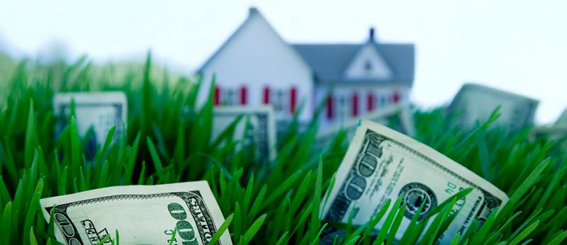Photo illustration of a house nestled in grass and money