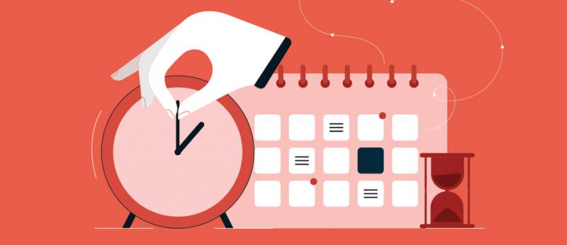 illustration of a hand turning the hands on a clock with a calendar in the background