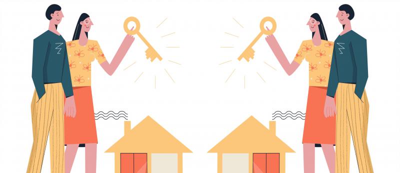 Illustration of couple with key and house