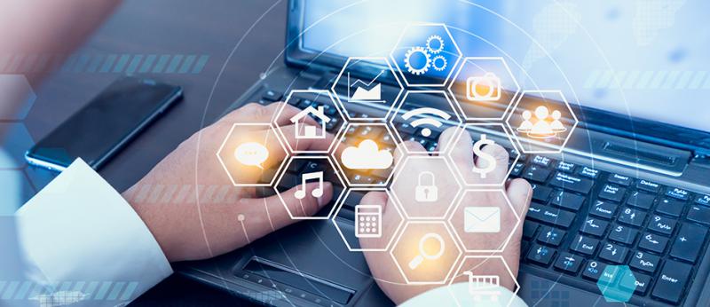 Photo illustration on hands on a keyboard and icons for websites