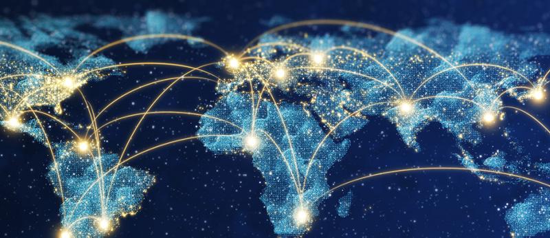 Photo of continents in blue with yellow connecting lines