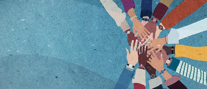 illustration of lots of stacked hands as a team
