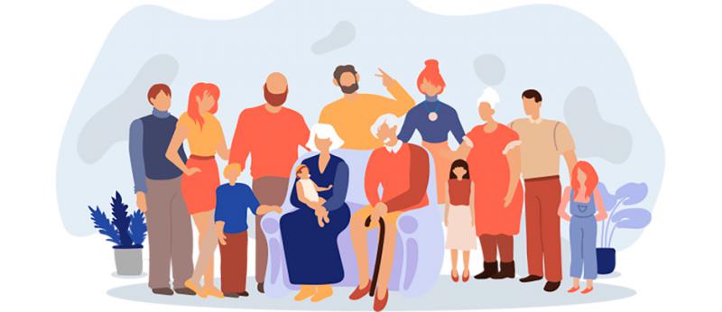 colorful illustration of a group of people of different generations