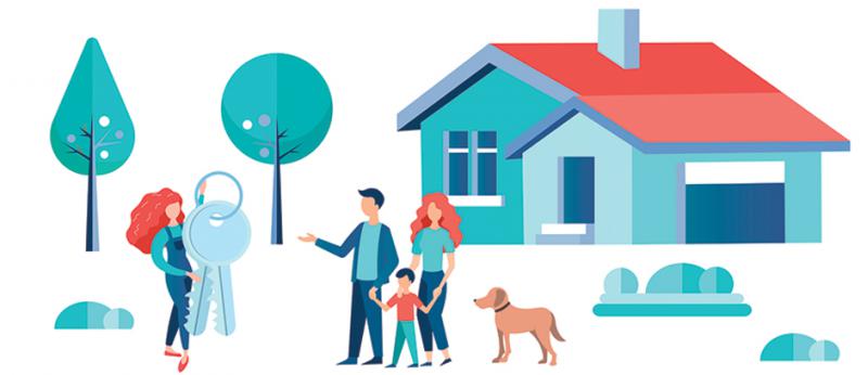 colorful illustration of a realtor holding the keys to a home with family in front of house