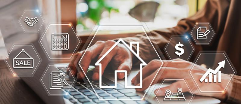 laptop with hands with illustrations of house, dollar sign, handshake and more