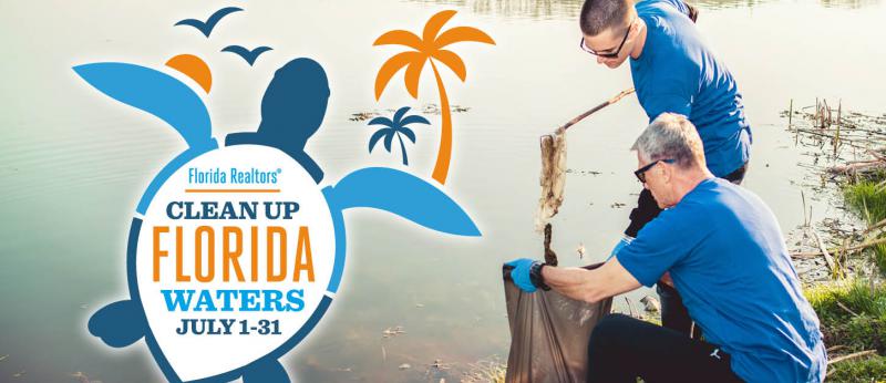 Clean Up Florida Waters logo with two people cleaning trash from waterway