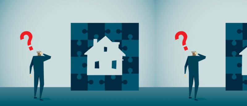 Illustration of man looking at house with question mark over his head