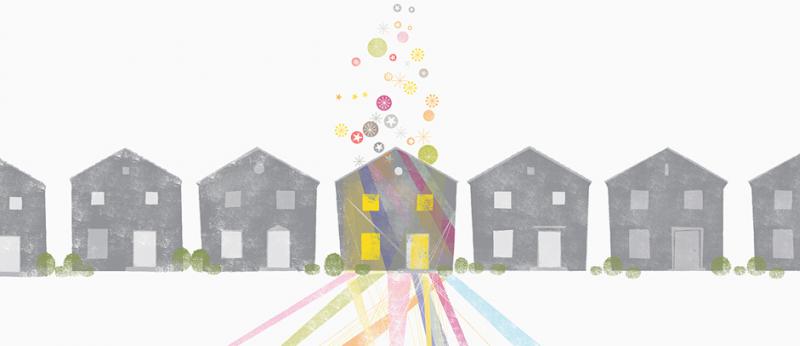 illustration of a row of grey houses with one has with spotlights and sparkles
