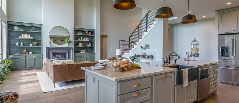 instagram ready home.Beautiful modern kitchen with all luxuries you could want - stock photo  Kitchen island with gray and white colors staged for Tour