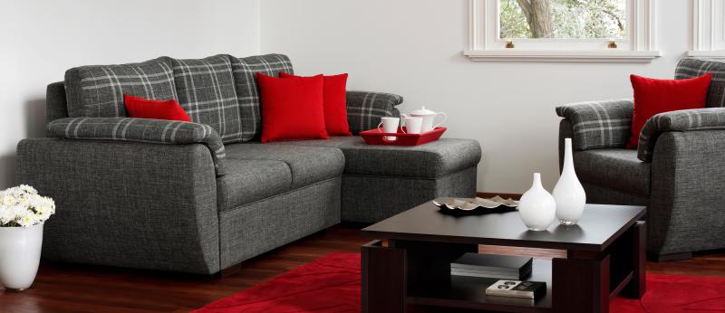 a touch of red in a living room. red pillows on a gray couch and chair and a red carpet