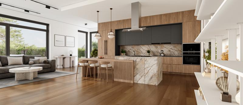 Open space living room and kitchen interior with large windows, gray sofa, dining table and hardwood flooring. Modern design solution - stock photo