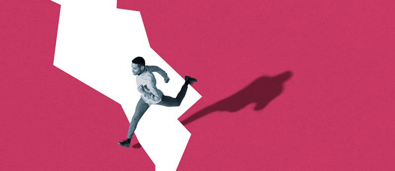 Photo illustration of a young man jumping over a crack in a pink background color