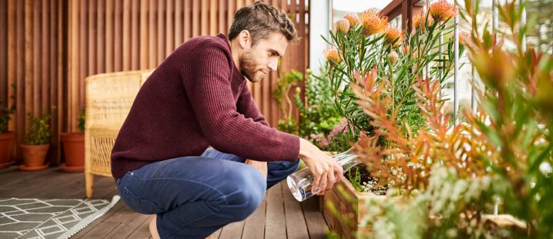 Young man giving water to plants in the balcony of his house