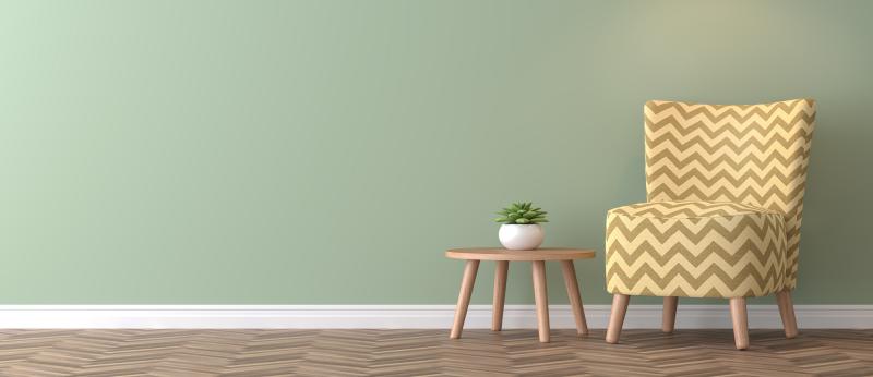 Modern vintage living room with green wall 3d rendering image.There are minimalist style image ,green empty wall and yellow furniture
