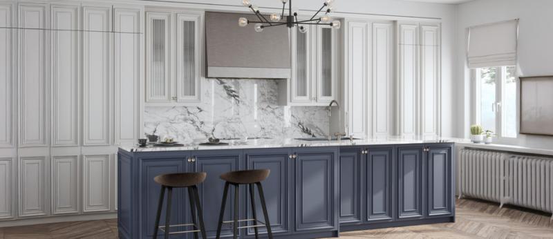 Interior of an empty luxurious neo-classical kitchen.