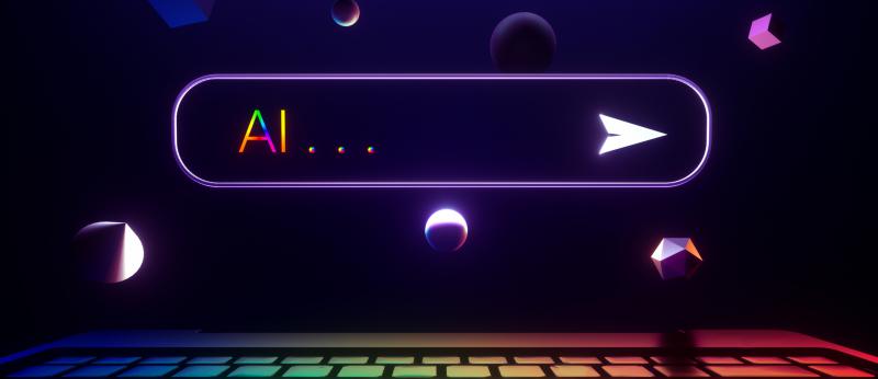 Digital generated image of AI search frame with multiple geometrical shapes flying around. Technology and AI concept.