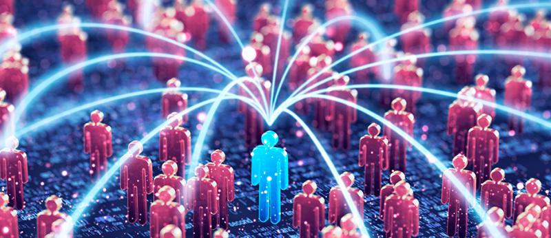 Digital illustration of a human shape connected to many more human shapes