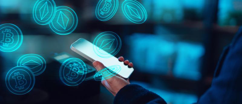 Mockup image for businesswoman using smartphone for financial planning and investment. Smartphone with Bitcoin, Blockchain, cryptocurrency concept.