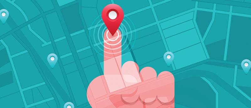 Illustration of a hand pointing at a point on a digital map
