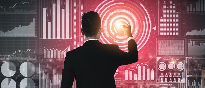 digital illustrations of a business man looking at data points 