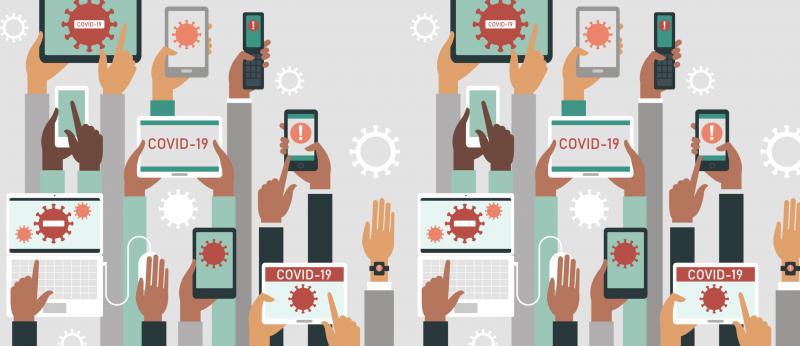 illustration of hands holding various electronic devices