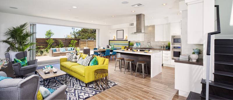 Home interior with great room, kitchen, dining and living in one space